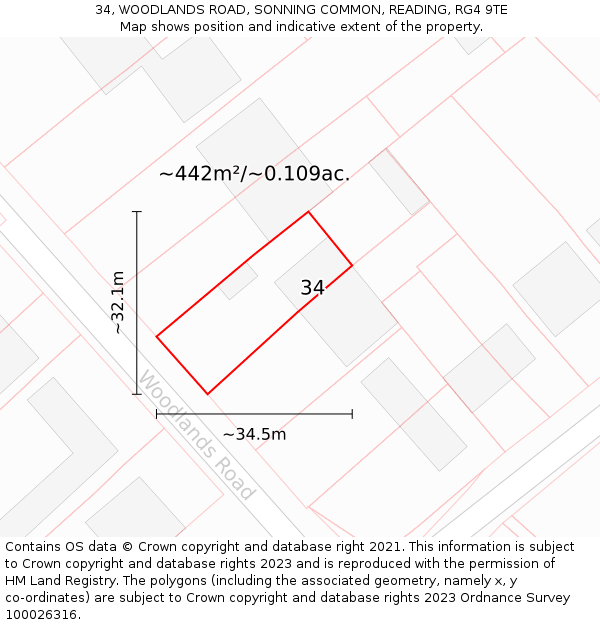 34, WOODLANDS ROAD, SONNING COMMON, READING, RG4 9TE: Plot and title map