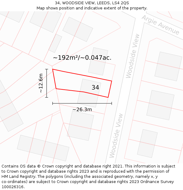 34, WOODSIDE VIEW, LEEDS, LS4 2QS: Plot and title map