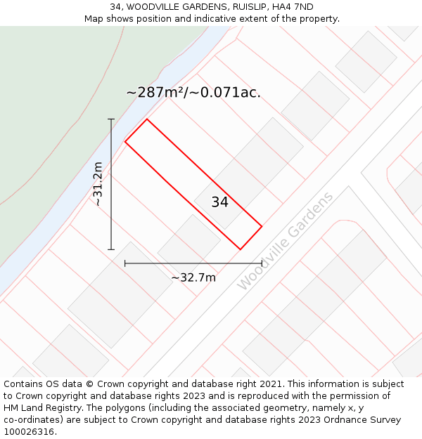 34, WOODVILLE GARDENS, RUISLIP, HA4 7ND: Plot and title map