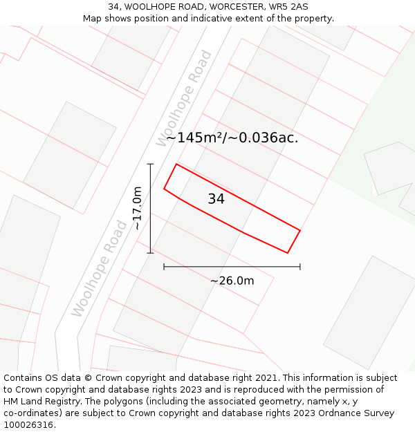 34, WOOLHOPE ROAD, WORCESTER, WR5 2AS: Plot and title map