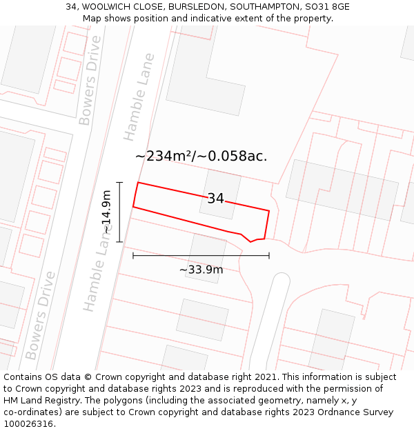 34, WOOLWICH CLOSE, BURSLEDON, SOUTHAMPTON, SO31 8GE: Plot and title map