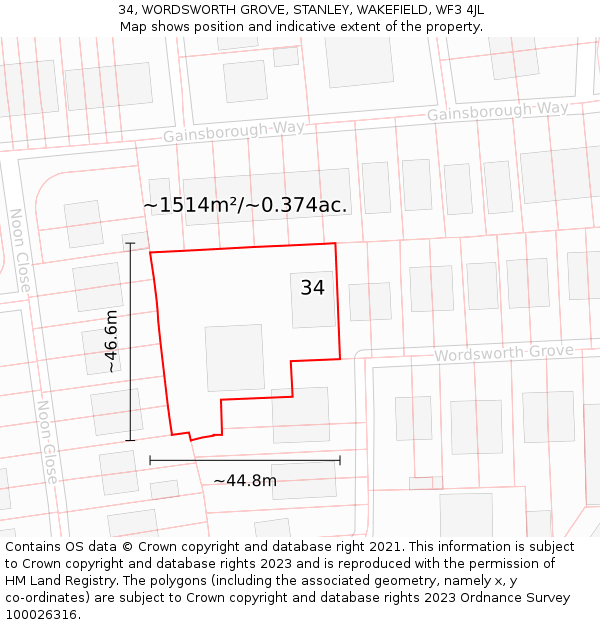 34, WORDSWORTH GROVE, STANLEY, WAKEFIELD, WF3 4JL: Plot and title map