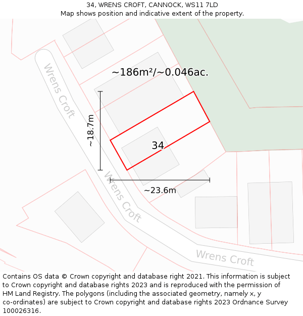 34, WRENS CROFT, CANNOCK, WS11 7LD: Plot and title map