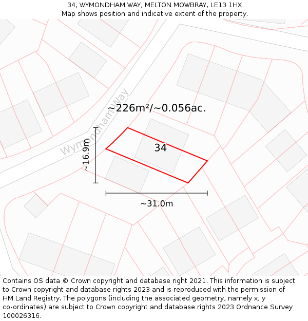 34, WYMONDHAM WAY, MELTON MOWBRAY, LE13 1HX: Plot and title map