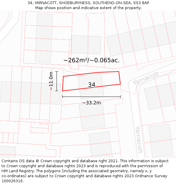 34, YARNACOTT, SHOEBURYNESS, SOUTHEND-ON-SEA, SS3 8AP: Plot and title map
