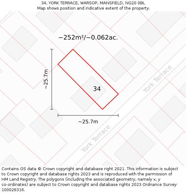 34, YORK TERRACE, WARSOP, MANSFIELD, NG20 0BL: Plot and title map