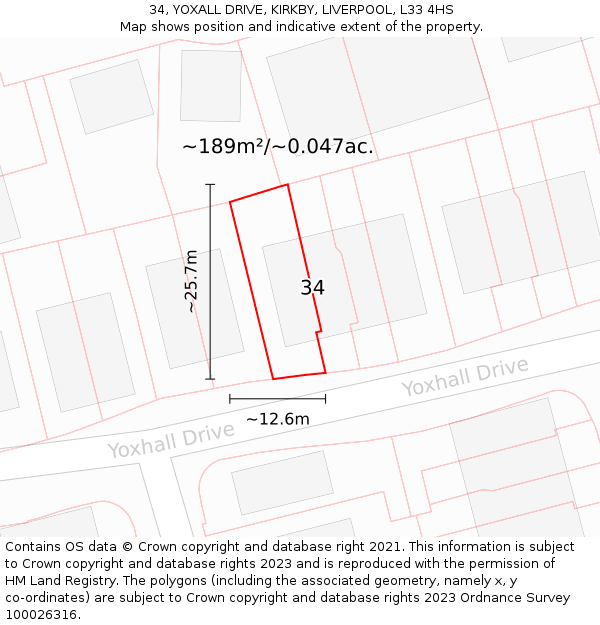34, YOXALL DRIVE, KIRKBY, LIVERPOOL, L33 4HS: Plot and title map