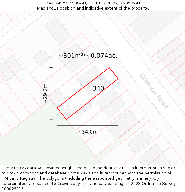 340, GRIMSBY ROAD, CLEETHORPES, DN35 8AH: Plot and title map