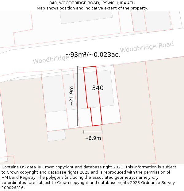 340, WOODBRIDGE ROAD, IPSWICH, IP4 4EU: Plot and title map