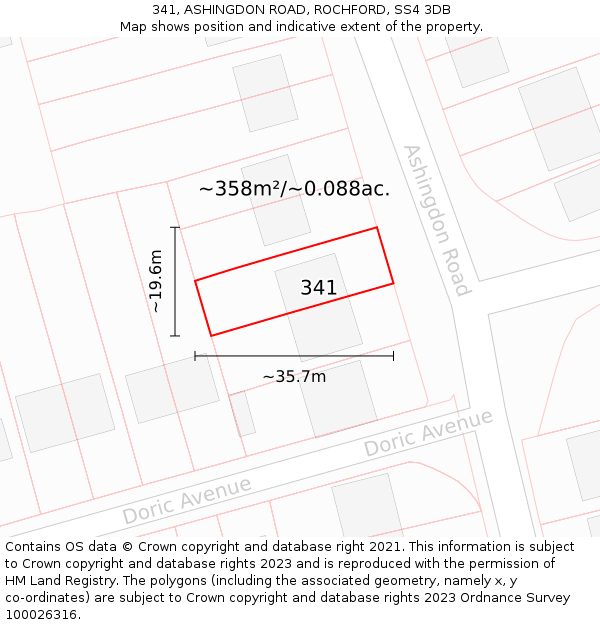 341, ASHINGDON ROAD, ROCHFORD, SS4 3DB: Plot and title map