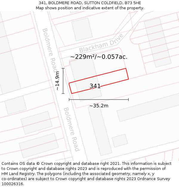 341, BOLDMERE ROAD, SUTTON COLDFIELD, B73 5HE: Plot and title map