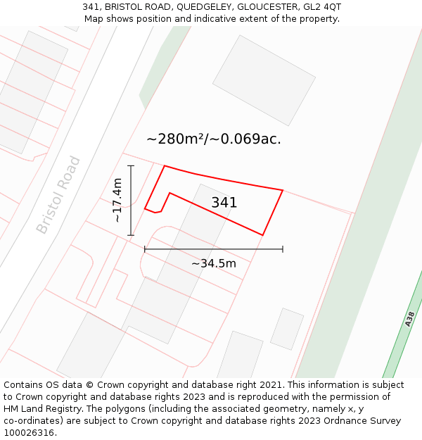 341, BRISTOL ROAD, QUEDGELEY, GLOUCESTER, GL2 4QT: Plot and title map