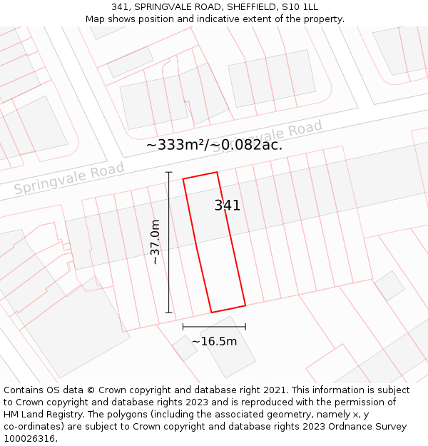 341, SPRINGVALE ROAD, SHEFFIELD, S10 1LL: Plot and title map