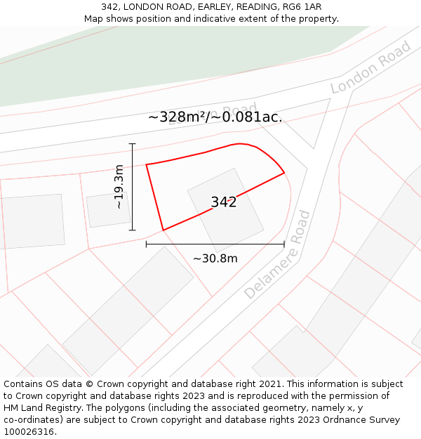 342, LONDON ROAD, EARLEY, READING, RG6 1AR: Plot and title map