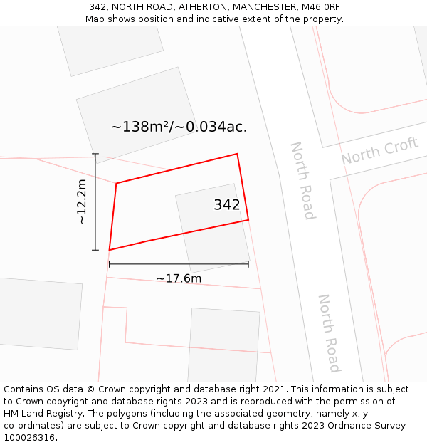 342, NORTH ROAD, ATHERTON, MANCHESTER, M46 0RF: Plot and title map