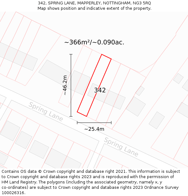 342, SPRING LANE, MAPPERLEY, NOTTINGHAM, NG3 5RQ: Plot and title map