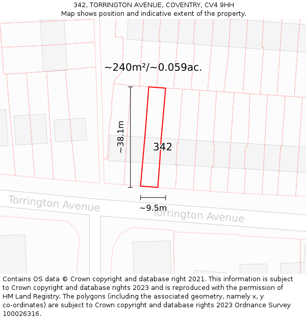 342, TORRINGTON AVENUE, COVENTRY, CV4 9HH: Plot and title map