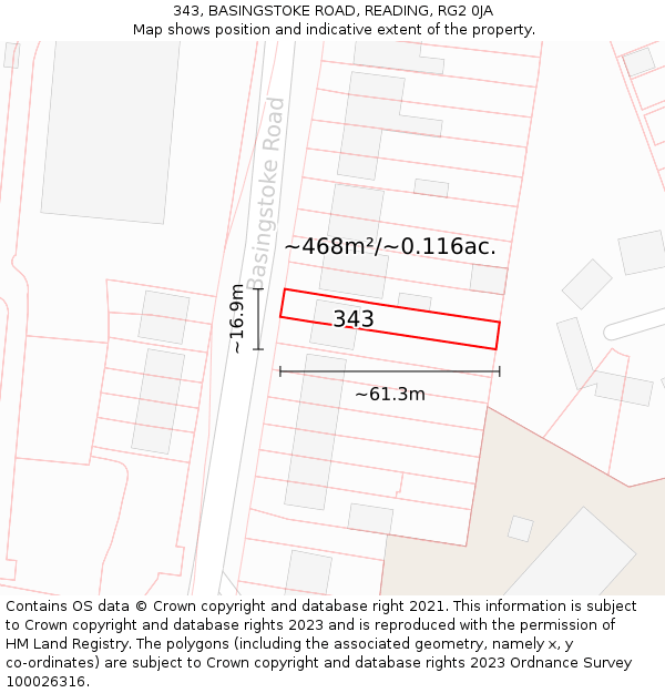 343, BASINGSTOKE ROAD, READING, RG2 0JA: Plot and title map