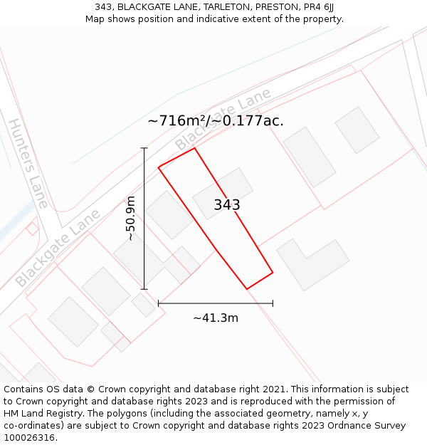 343, BLACKGATE LANE, TARLETON, PRESTON, PR4 6JJ: Plot and title map