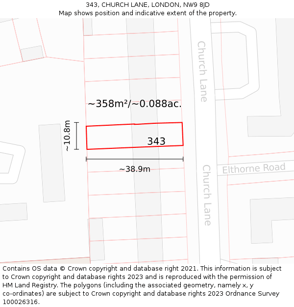 343, CHURCH LANE, LONDON, NW9 8JD: Plot and title map