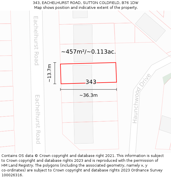 343, EACHELHURST ROAD, SUTTON COLDFIELD, B76 1DW: Plot and title map