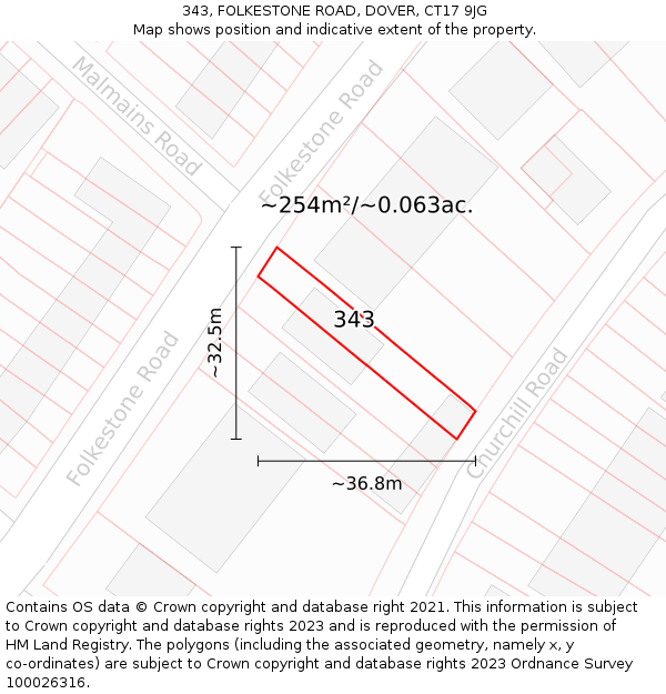 343, FOLKESTONE ROAD, DOVER, CT17 9JG: Plot and title map