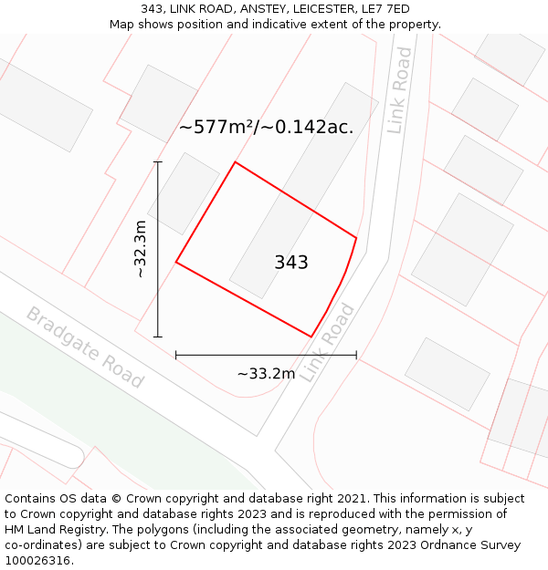 343, LINK ROAD, ANSTEY, LEICESTER, LE7 7ED: Plot and title map