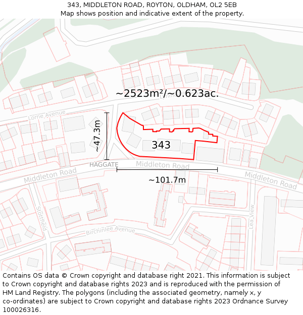343, MIDDLETON ROAD, ROYTON, OLDHAM, OL2 5EB: Plot and title map