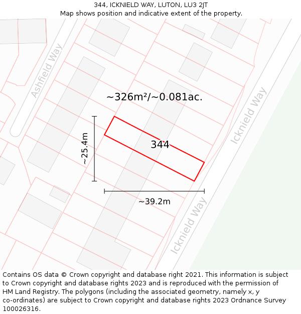 344, ICKNIELD WAY, LUTON, LU3 2JT: Plot and title map