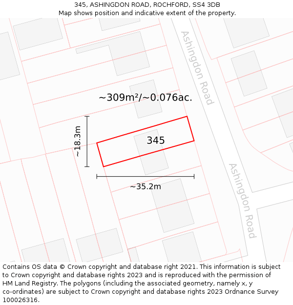 345, ASHINGDON ROAD, ROCHFORD, SS4 3DB: Plot and title map