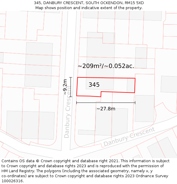 345, DANBURY CRESCENT, SOUTH OCKENDON, RM15 5XD: Plot and title map