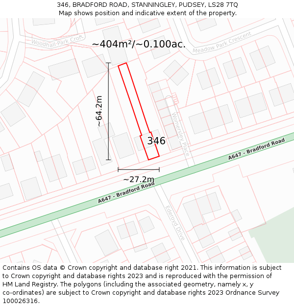 346, BRADFORD ROAD, STANNINGLEY, PUDSEY, LS28 7TQ: Plot and title map