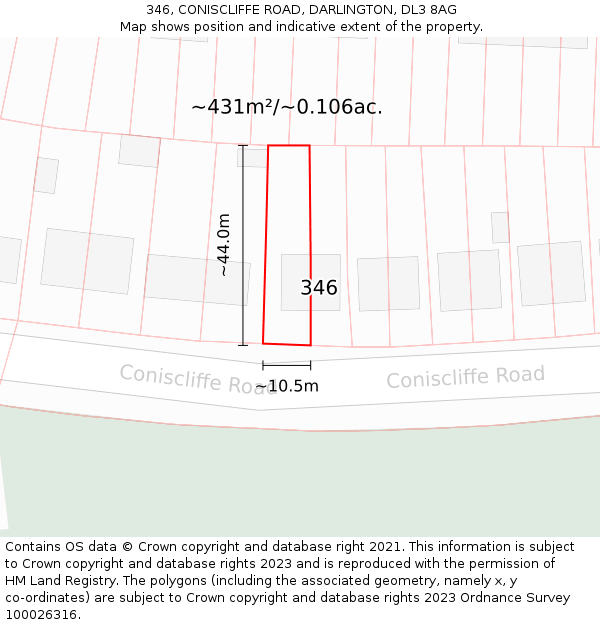 346, CONISCLIFFE ROAD, DARLINGTON, DL3 8AG: Plot and title map