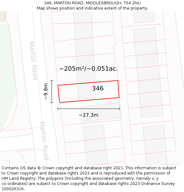 346, MARTON ROAD, MIDDLESBROUGH, TS4 2NU: Plot and title map