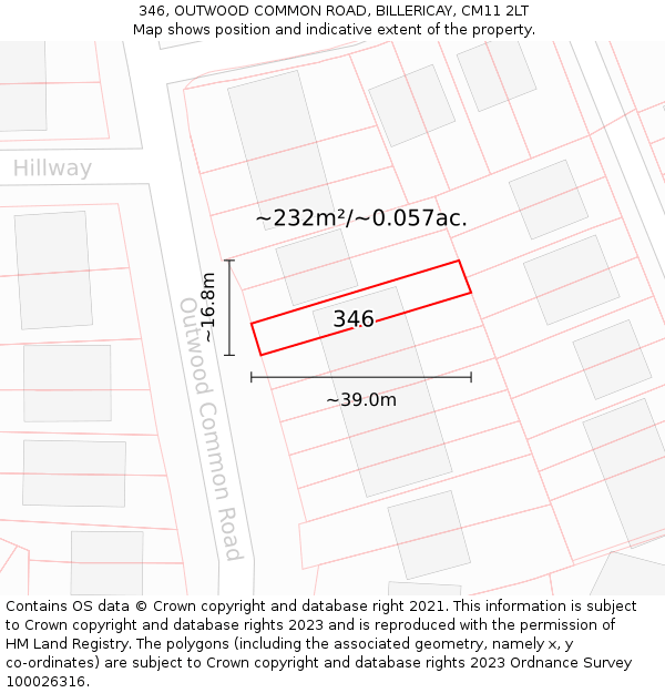 346, OUTWOOD COMMON ROAD, BILLERICAY, CM11 2LT: Plot and title map