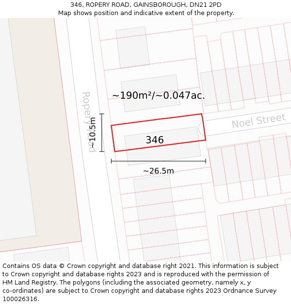 346, ROPERY ROAD, GAINSBOROUGH, DN21 2PD: Plot and title map