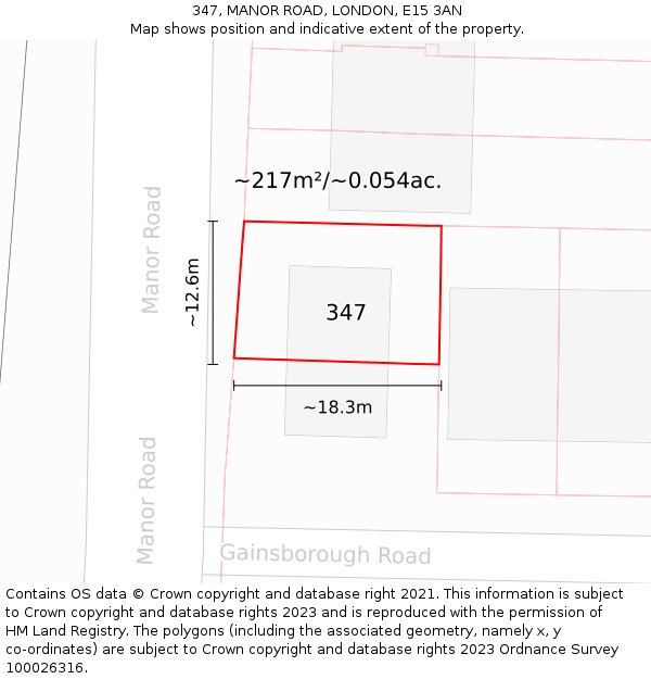 347, MANOR ROAD, LONDON, E15 3AN: Plot and title map