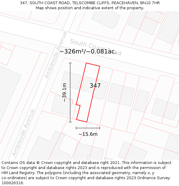 347, SOUTH COAST ROAD, TELSCOMBE CLIFFS, PEACEHAVEN, BN10 7HR: Plot and title map