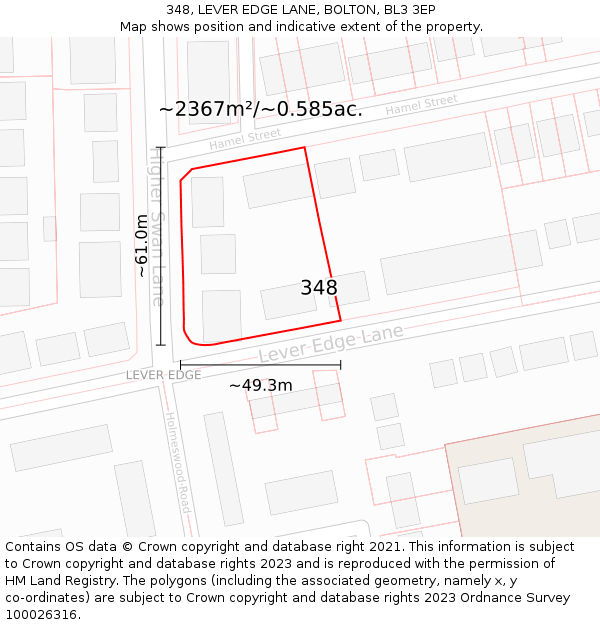 348, LEVER EDGE LANE, BOLTON, BL3 3EP: Plot and title map