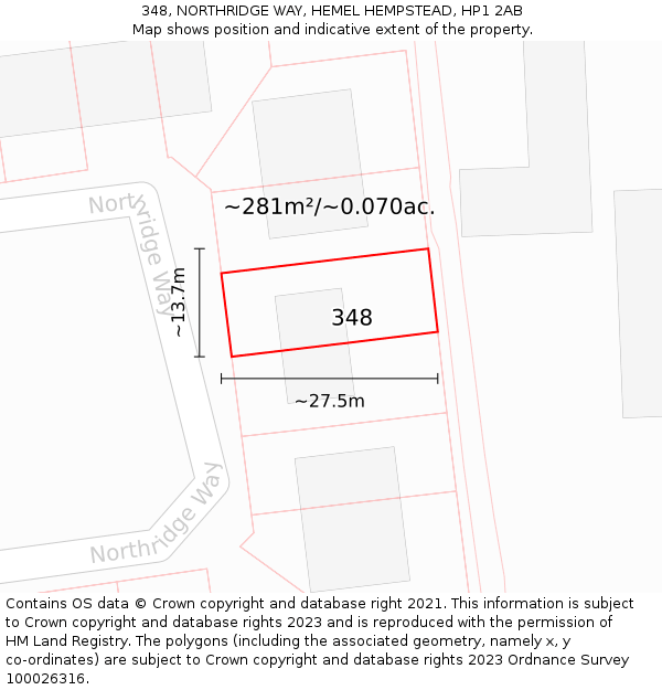348, NORTHRIDGE WAY, HEMEL HEMPSTEAD, HP1 2AB: Plot and title map