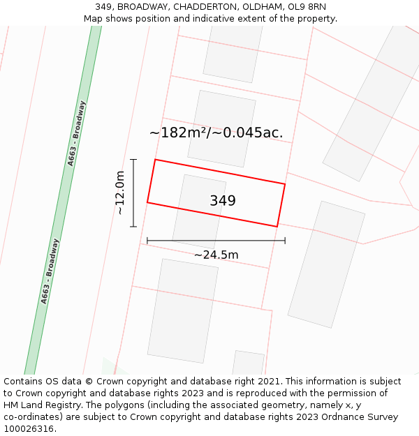 349, BROADWAY, CHADDERTON, OLDHAM, OL9 8RN: Plot and title map