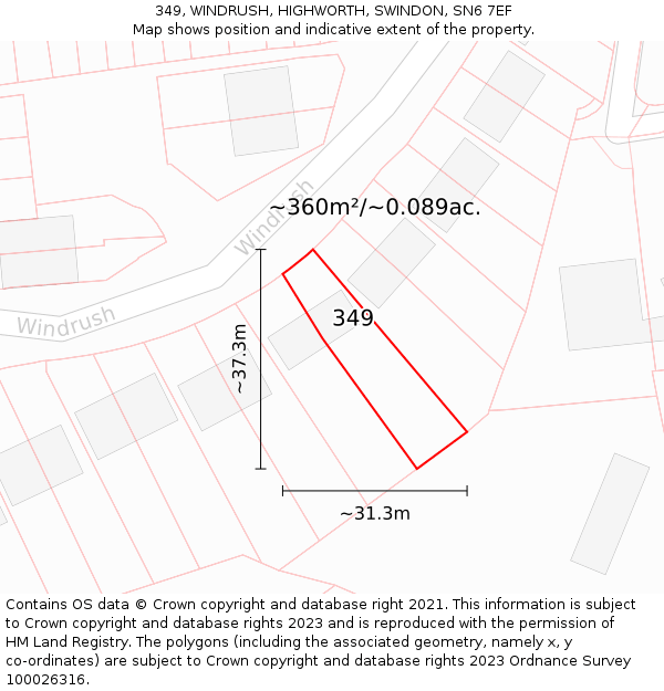 349, WINDRUSH, HIGHWORTH, SWINDON, SN6 7EF: Plot and title map