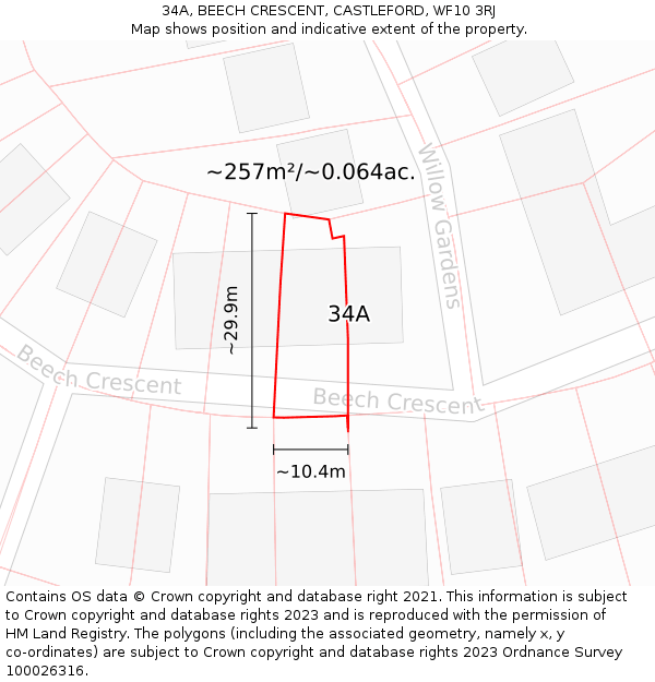 34A, BEECH CRESCENT, CASTLEFORD, WF10 3RJ: Plot and title map