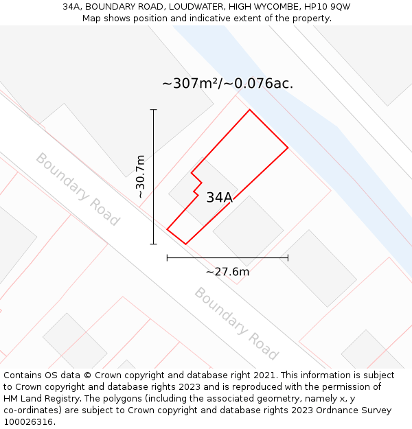 34A, BOUNDARY ROAD, LOUDWATER, HIGH WYCOMBE, HP10 9QW: Plot and title map