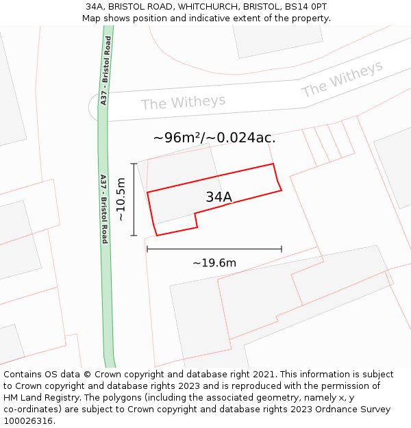 34A, BRISTOL ROAD, WHITCHURCH, BRISTOL, BS14 0PT: Plot and title map
