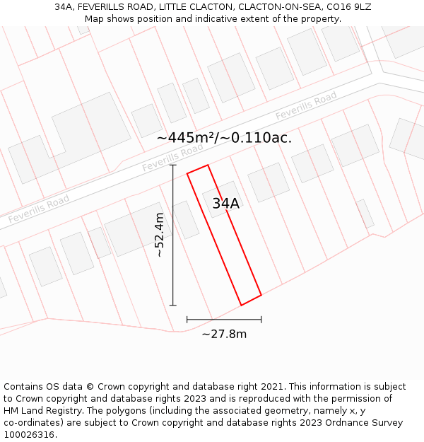 34A, FEVERILLS ROAD, LITTLE CLACTON, CLACTON-ON-SEA, CO16 9LZ: Plot and title map