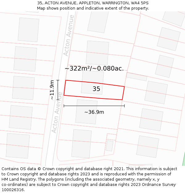 35, ACTON AVENUE, APPLETON, WARRINGTON, WA4 5PS: Plot and title map