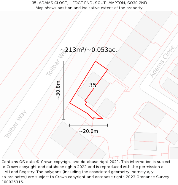 35, ADAMS CLOSE, HEDGE END, SOUTHAMPTON, SO30 2NB: Plot and title map