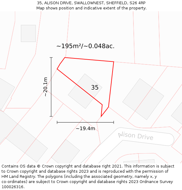 35, ALISON DRIVE, SWALLOWNEST, SHEFFIELD, S26 4RP: Plot and title map
