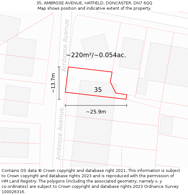 35, AMBROSE AVENUE, HATFIELD, DONCASTER, DN7 6QQ: Plot and title map